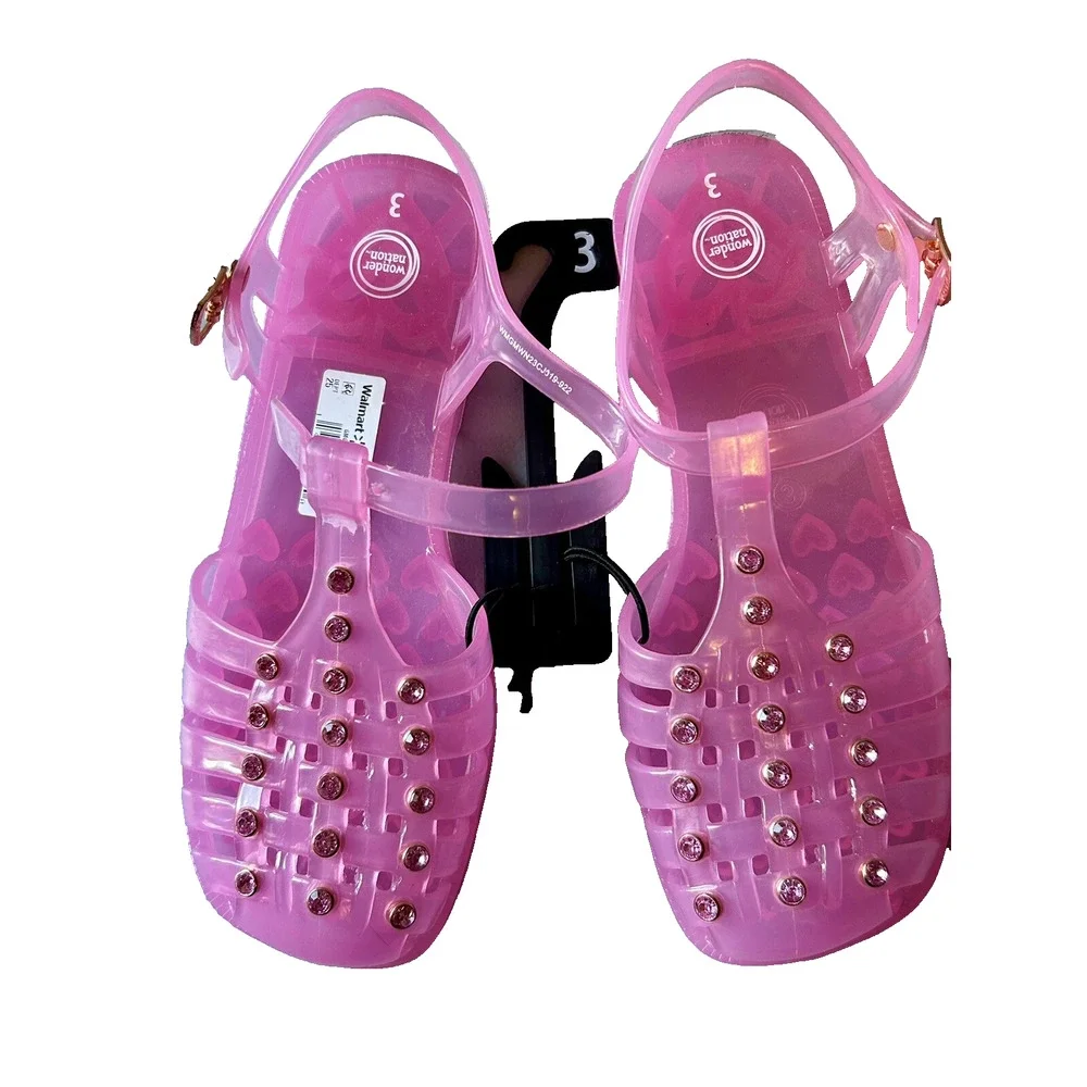 Wonder Nation Girls Pink Crystal Jelly Sandals Fisherman Shoes NWT Kid Size 3